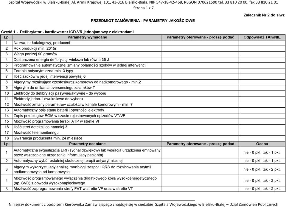 3 Waga poniżej 90 gramów 4 Dostarczona energia defibrylacji wieksza lub równa 35 J 5 Programowanie automatycznej zmiany polarności szoków w jednej interwencji Terapia antyarytmiczna min.