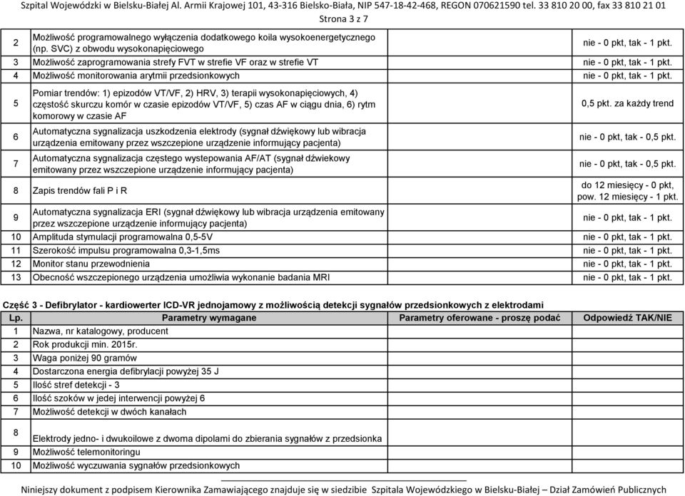 SVC) z obwodu wysokonapięciowego 3 Możliwość zaprogramowania strefy FVT w strefie VF oraz w strefie VT 4 Możliwość monitorowania arytmii przedsionkowych 5 7 Pomiar trendów: 1) epizodów VT/VF, 2) HRV,