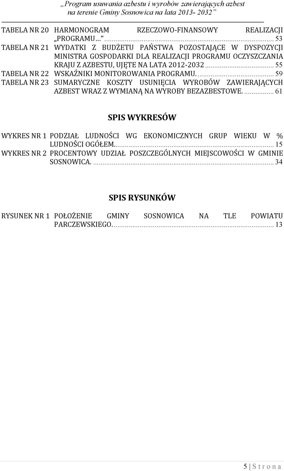 .. 55 TABELA NR 22 WSKAŹNIKI MONITOROWANIA PROGRAMU.... 59 TABELA NR 23 SUMARYCZNE KOSZTY USUNIĘCIA WYROBÓW ZAWIERAJĄCYCH AZBEST WRAZ Z WYMIANĄ NA WYROBY BEZAZBESTOWE.