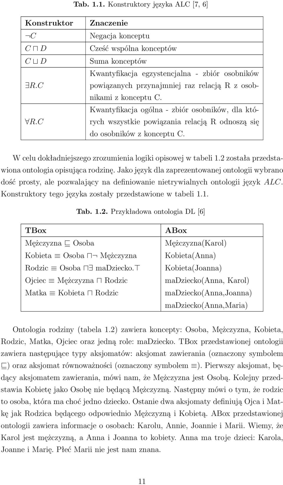 W celu dokładniejszego zrozumienia logiki opisowej w tabeli 1.2 została przedstawiona ontologia opisująca rodzinę.