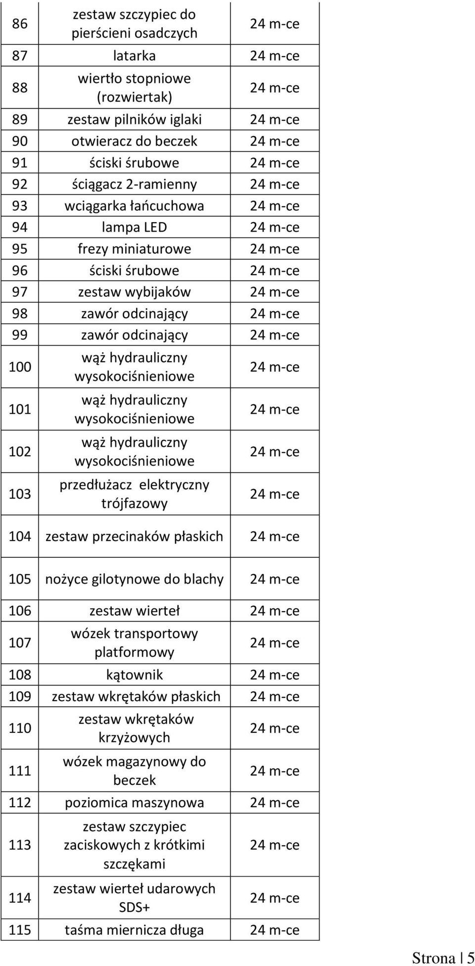 wysokociśnieniowe wąż hydrauliczny wysokociśnieniowe przedłużacz elektryczny trójfazowy 104 zestaw przecinaków płaskich 105 nożyce gilotynowe do blachy 106 zestaw wierteł 107 wózek transportowy