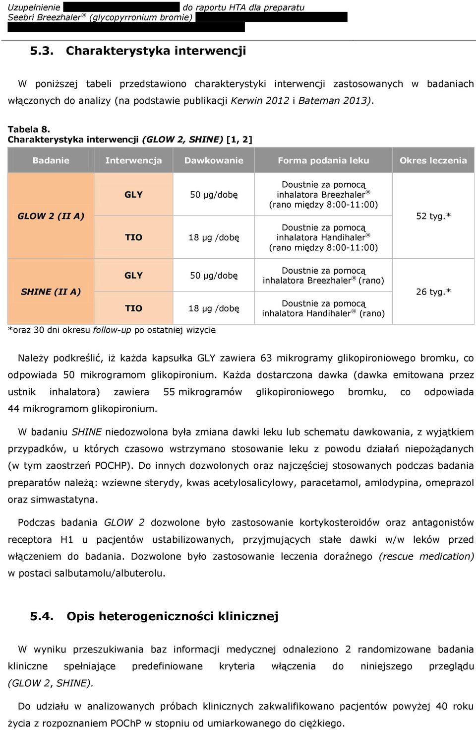 Charakterystyka interwencji (GLOW 2, SHINE) [1, 2] Badanie Interwencja Dawkowanie Forma podania leku Okres leczenia GLOW 2 (II A) GLY TIO 50 µg/dobę 18 µg /dobę Doustnie za pomocą inhalatora