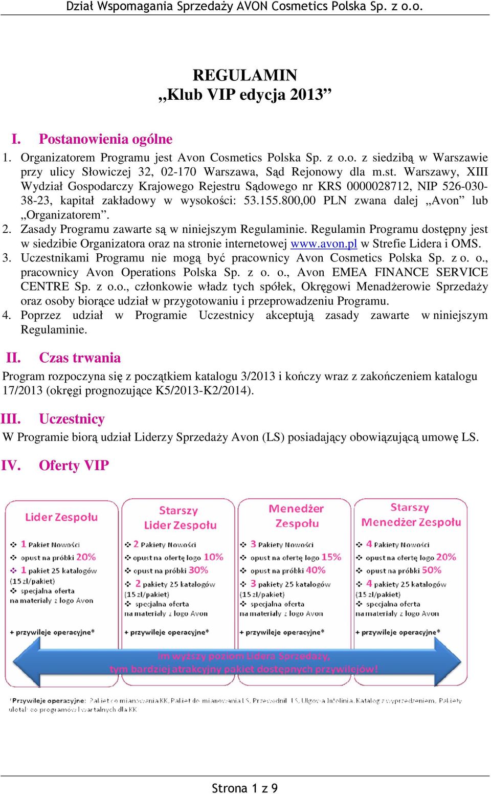 Zasady Programu zawarte są w niniejszym Regulaminie. Regulamin Programu dostępny jest w siedzibie Organizatora oraz na stronie internetowej www.avon.pl w Strefie Lidera i OMS. 3.