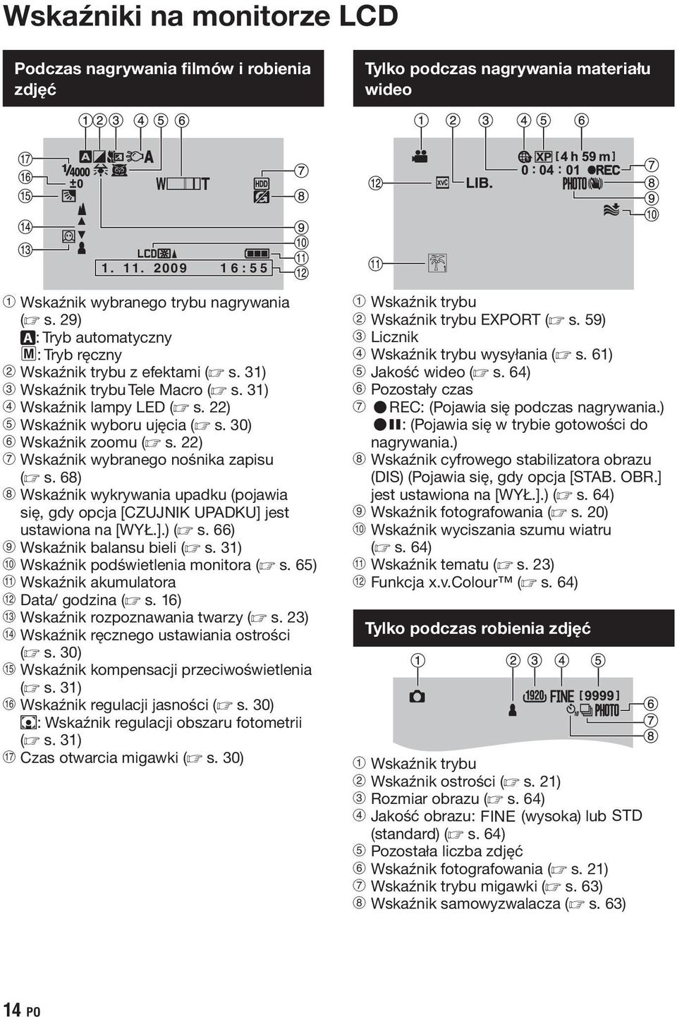 30) ( Wskaźnik zoomu (Z s. 22) ) Wskaźnik wybranego nośnika zapisu (Z s. 68) * Wskaźnik wykrywania upadku (pojawia się, gdy opcja [CZUJNIK UPADKU] jest ustawiona na [WYŁ.].) (Z s.