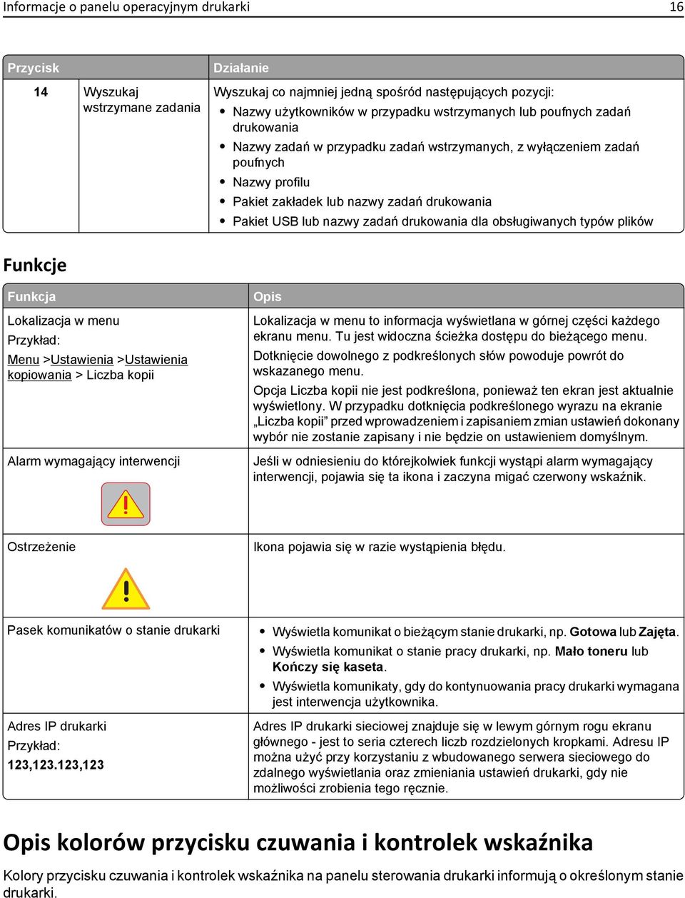 obsługiwanych typów plików Funkcje Funkcja Lokalizacja w menu Przykład: Menu >Ustawienia >Ustawienia kopiowania > Liczba kopii Alarm wymagający interwencji Opis Lokalizacja w menu to informacja