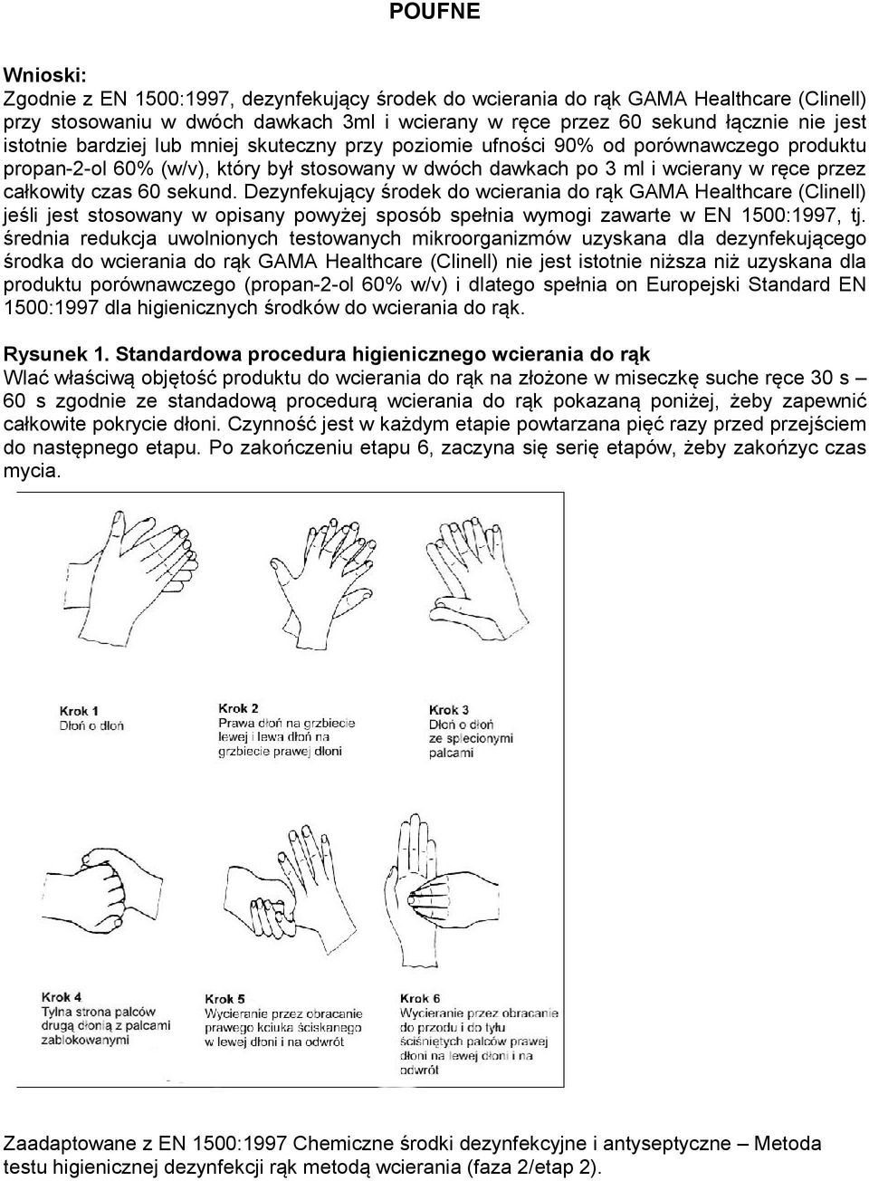Dezynfekujący środek do wcierania do rąk GAMA Healthcare (Clinell) jeśli jest stosowany w opisany powyżej sposób spełnia wymogi zawarte w EN 1500:1997, tj.