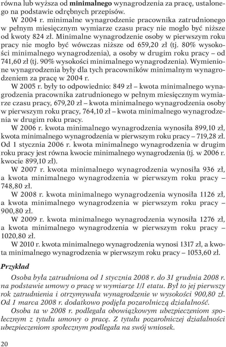 Minimalne wynagrodzenie osoby w pierwszym roku pracy nie mogło być wówczas niższe od 659,20 zł (tj. 80% wysokości minimalnego wynagrodzenia), a osoby w drugim roku pracy od 741,60 zł (tj.