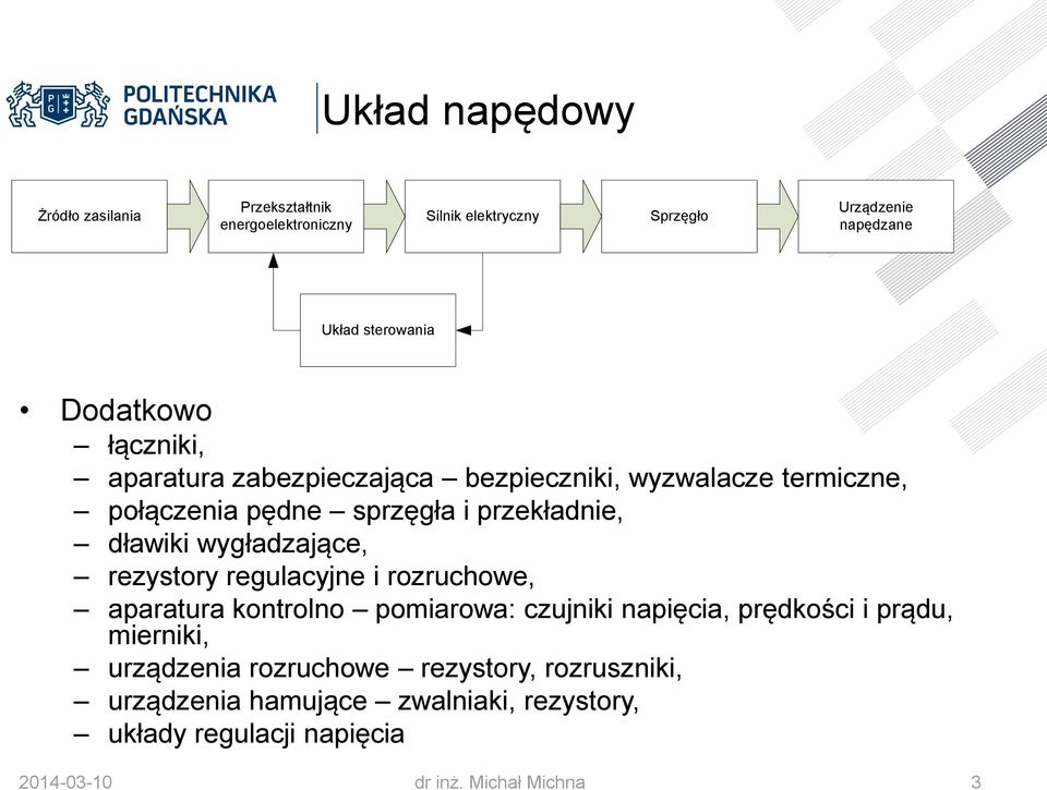 wygładzające, rezystory regulacyjne i rozruchowe, aparatura kontrolno pomiarowa: czujniki napięcia, prędkości i prądu, mierniki,