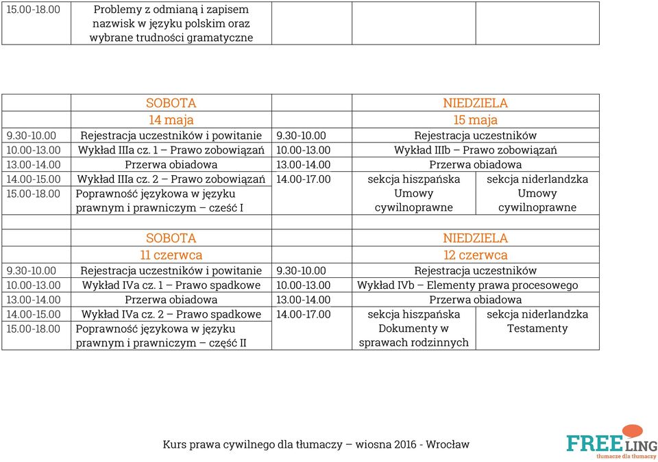 00 Poprawność językowa w języku prawnym i prawniczym cześć I Umowy cywilnoprawne Umowy cywilnoprawne SOBOTA NIEDZIELA 11 czerwca 12 czerwca 9.30-10.00 Rejestracja uczestników i powitanie 9.30-10.00 Rejestracja uczestników 10.