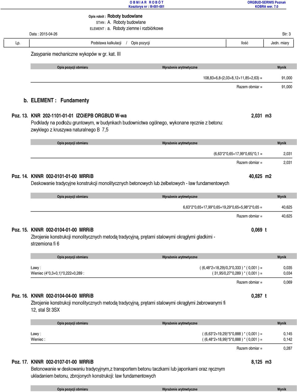 KNR 202-1101-01-01 IZOiEPB ORGBUD W-wa Podkłady na podłożu gruntowym, w budynkach budownictwa ogólnego, wykonane ręcznie z betonu: zwykłego z kruszywa naturalnego B 7,5 2,031 m3