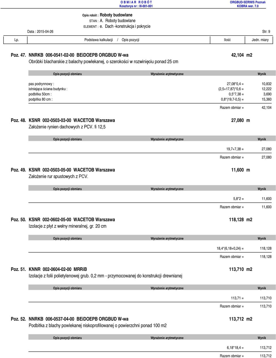 (2,5+17,87)*0,6 = 12,222 podbitka 50cm : 0,5*7,38 = 3,690 podpitka 80 cm : 0,8*(19,7-0,5) = 15,360 Razem obmiar = 42,104 Poz. 48. KSNR 002-0503-03-00 WACETOB Warszawa Założenie rynien dachowych z PCV.