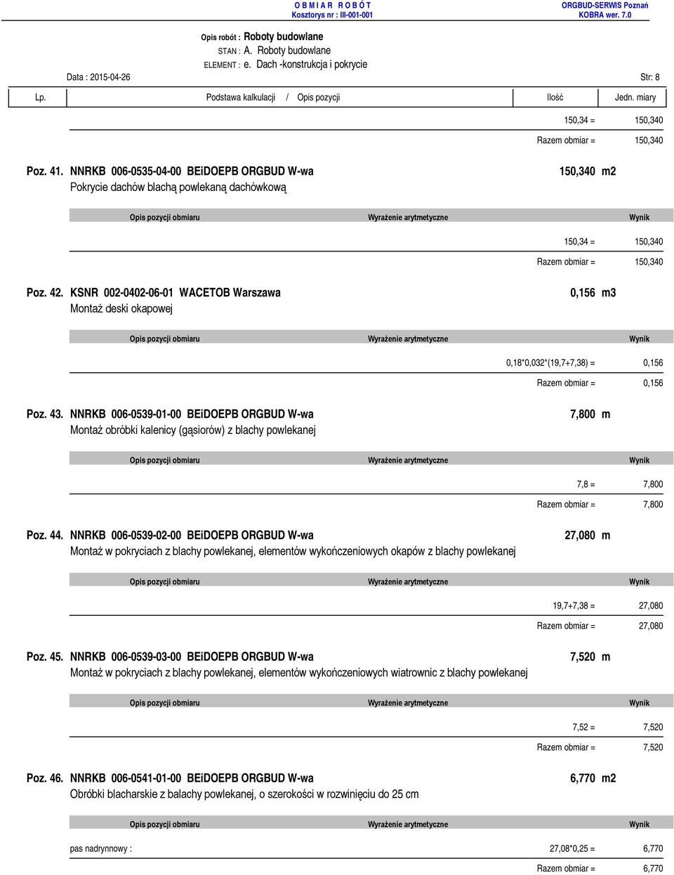 KSNR 002-0402-06-01 WACETOB Warszawa Montaż deski okapowej 0,156 m3 0,18*0,032*(19,7+7,38) = 0,156 Razem obmiar = 0,156 Poz. 43.