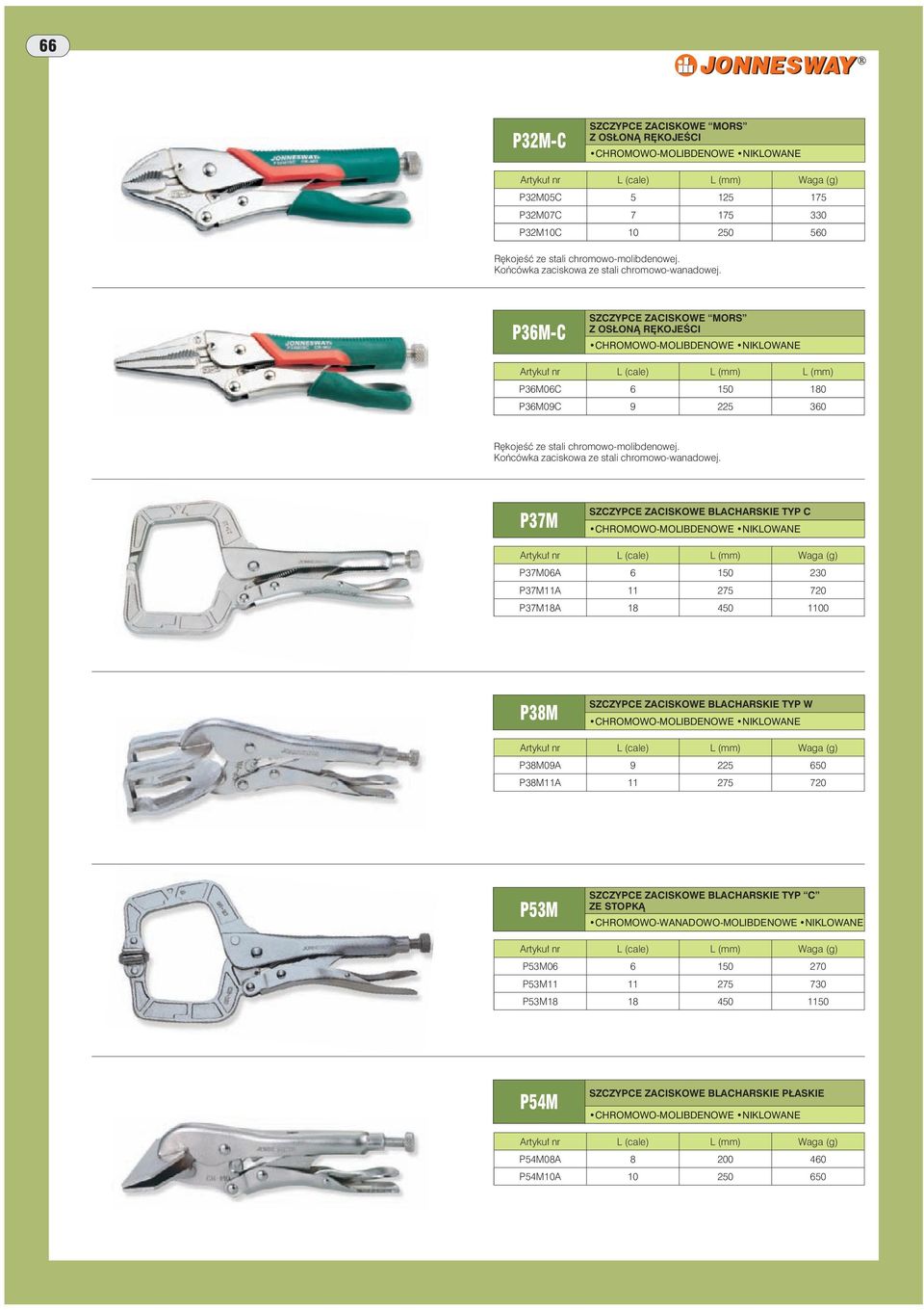 P36M-C SZCZYPCE ZACISKOWE MORS Z OSŁONĄ RĘKOJEŚCI NIKLOWANE Artykuł nr L (cale) L (mm) L (mm) P36M06C 6 150 180 P36M09C 9 225 360 Rękojeść ze stali chromowo-molibdenowej.