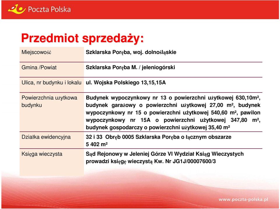 Wojska Polskiego 13,15,15A Budynek wypoczynkowy nr 13 o powierzchni użytkowej 630,10m², budynek garażowy o powierzchni użytkowej 27,00 m², budynek wypoczynkowy nr 15 o