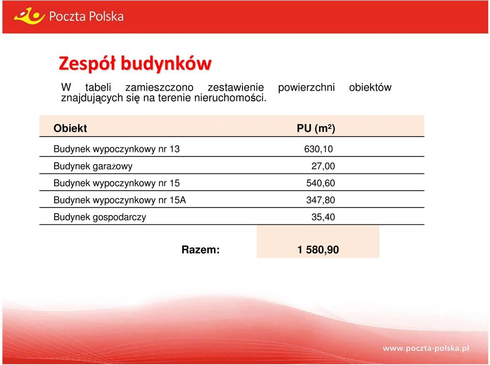 Obiekt PU (m²) Budynek wypoczynkowy nr 13 630,10 Budynek garażowy 27,00