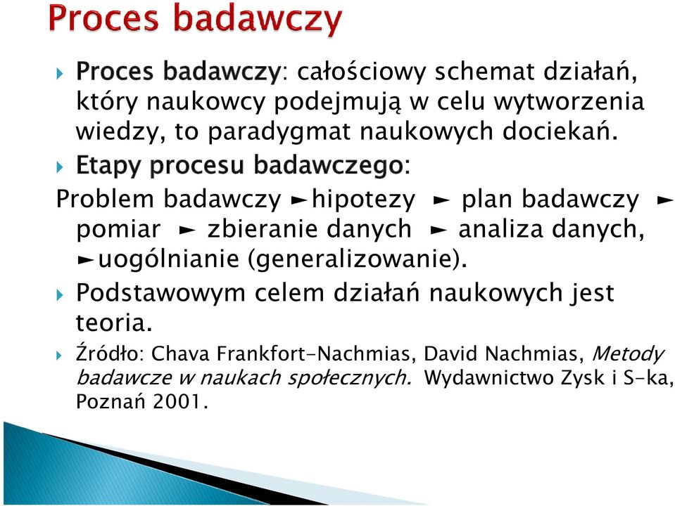 Etapy procesu badawczego: Problem badawczy hipotezy plan badawczy pomiar zbieranie danych analiza danych,