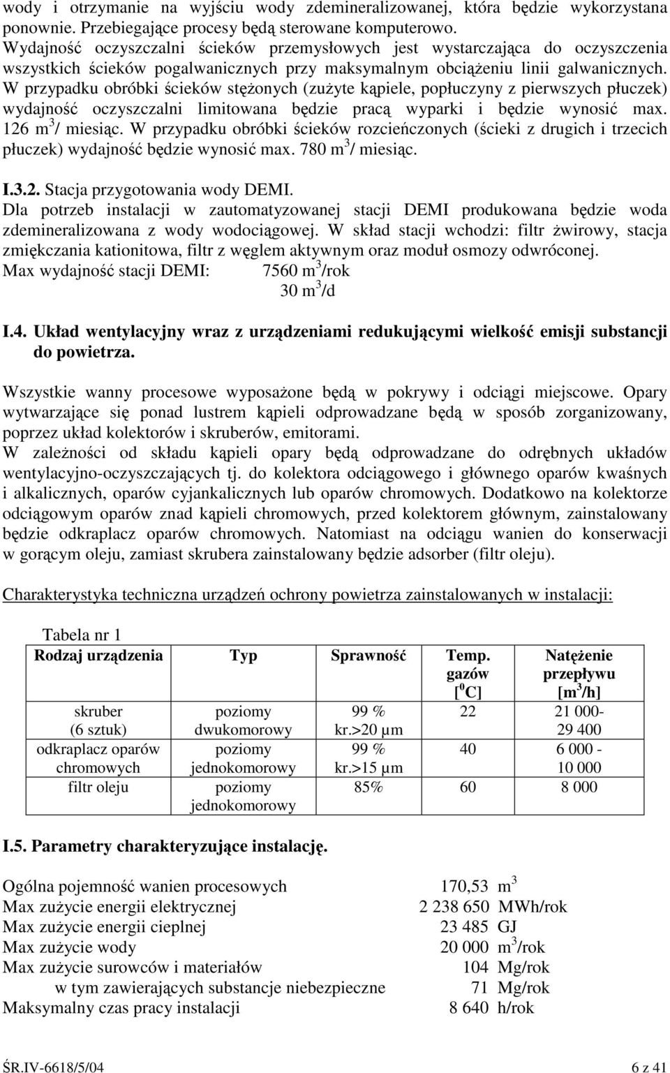 W przypadku obróbki cieków stonych (zuyte kpiele, popłuczyny z pierwszych płuczek) wydajno oczyszczalni limitowana bdzie prac wyparki i bdzie wynosi max. 126 m 3 / miesic.