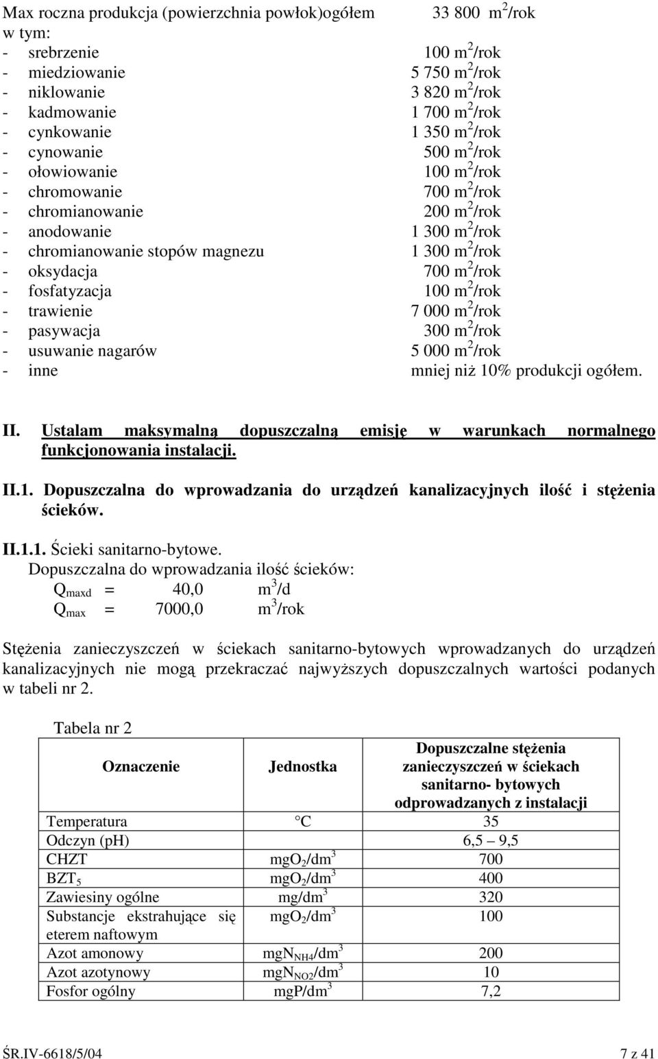 oksydacja 700 m 2 /rok - fosfatyzacja 100 m 2 /rok - trawienie 7 000 m 2 /rok - pasywacja 300 m 2 /rok - usuwanie nagarów 5 000 m 2 /rok - inne mniej ni 10% produkcji ogółem. II.