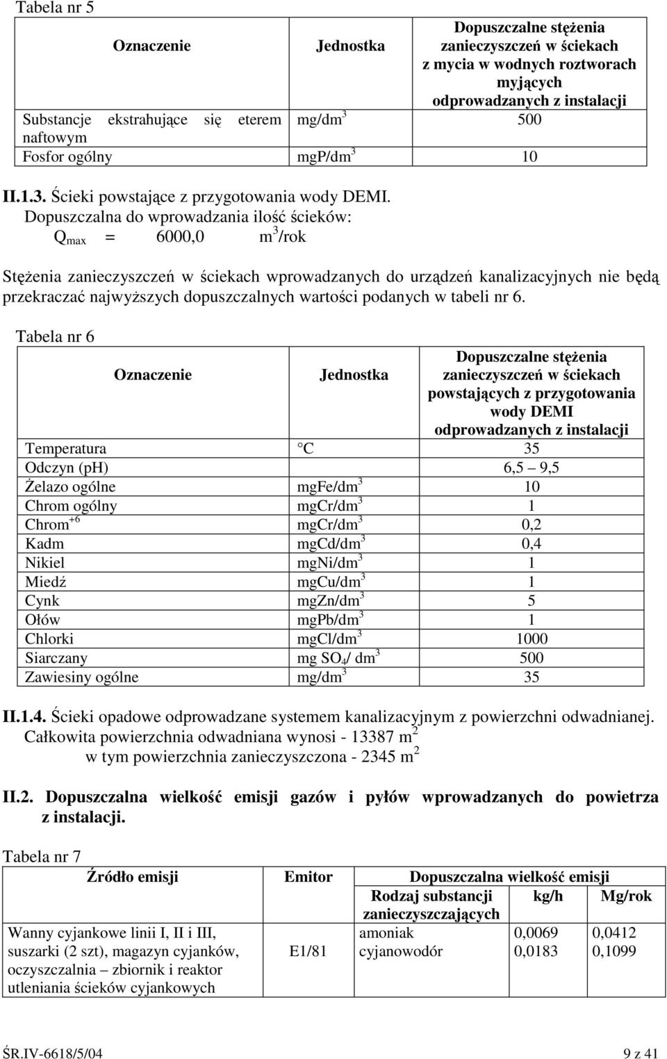 Dopuszczalna do wprowadzania ilo cieków: Q max = 6000,0 m 3 /rok Stenia zanieczyszcze w ciekach wprowadzanych do urzdze kanalizacyjnych nie bd przekracza najwyszych dopuszczalnych wartoci podanych w