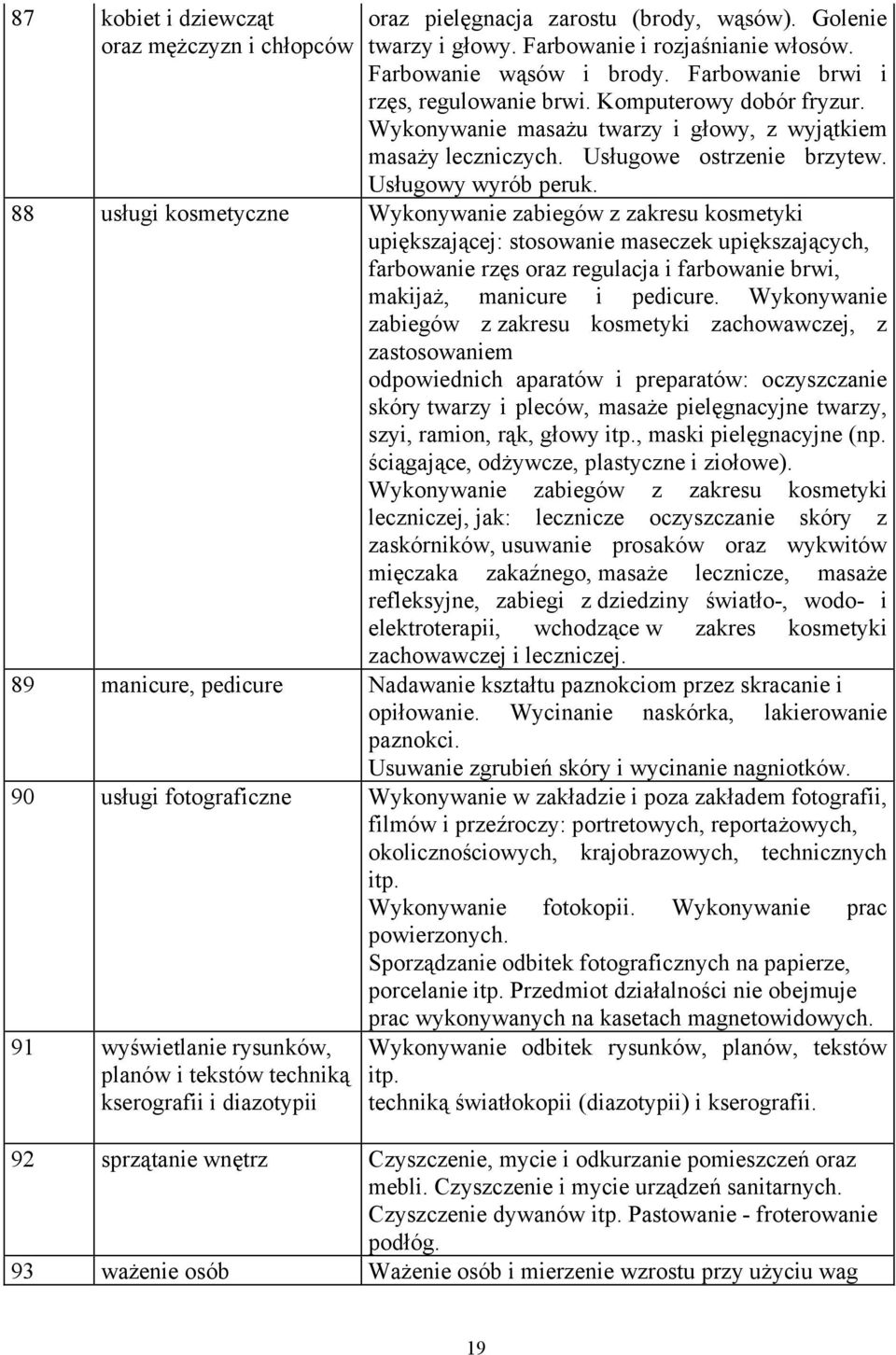 88 usługi kosmetyczne Wykonywanie zabiegów z zakresu kosmetyki upiększającej: stosowanie maseczek upiększających, farbowanie rzęs oraz regulacja i farbowanie brwi, makijaż, manicure i pedicure.