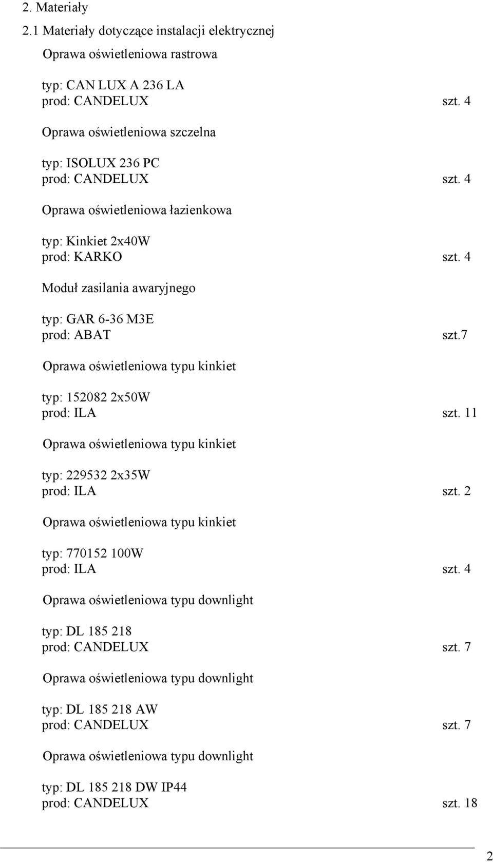 4 Moduł zasilania awaryjnego typ: GAR 6-36 M3E prod: ABAT szt.7 Oprawa oświetleniowa typu kinkiet typ: 152082 2x50W prod: ILA szt.