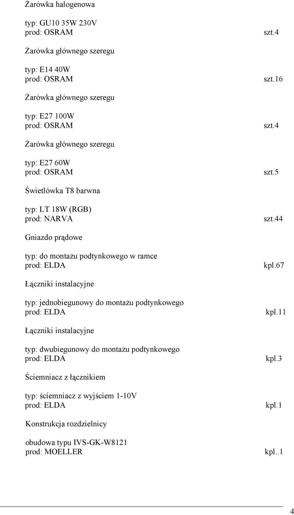 44 Gniazdo prądowe typ: do montażu podtynkowego w ramce prod: ELDA kpl.67 Łączniki instalacyjne typ: jednobiegunowy do montażu podtynkowego prod: ELDA kpl.