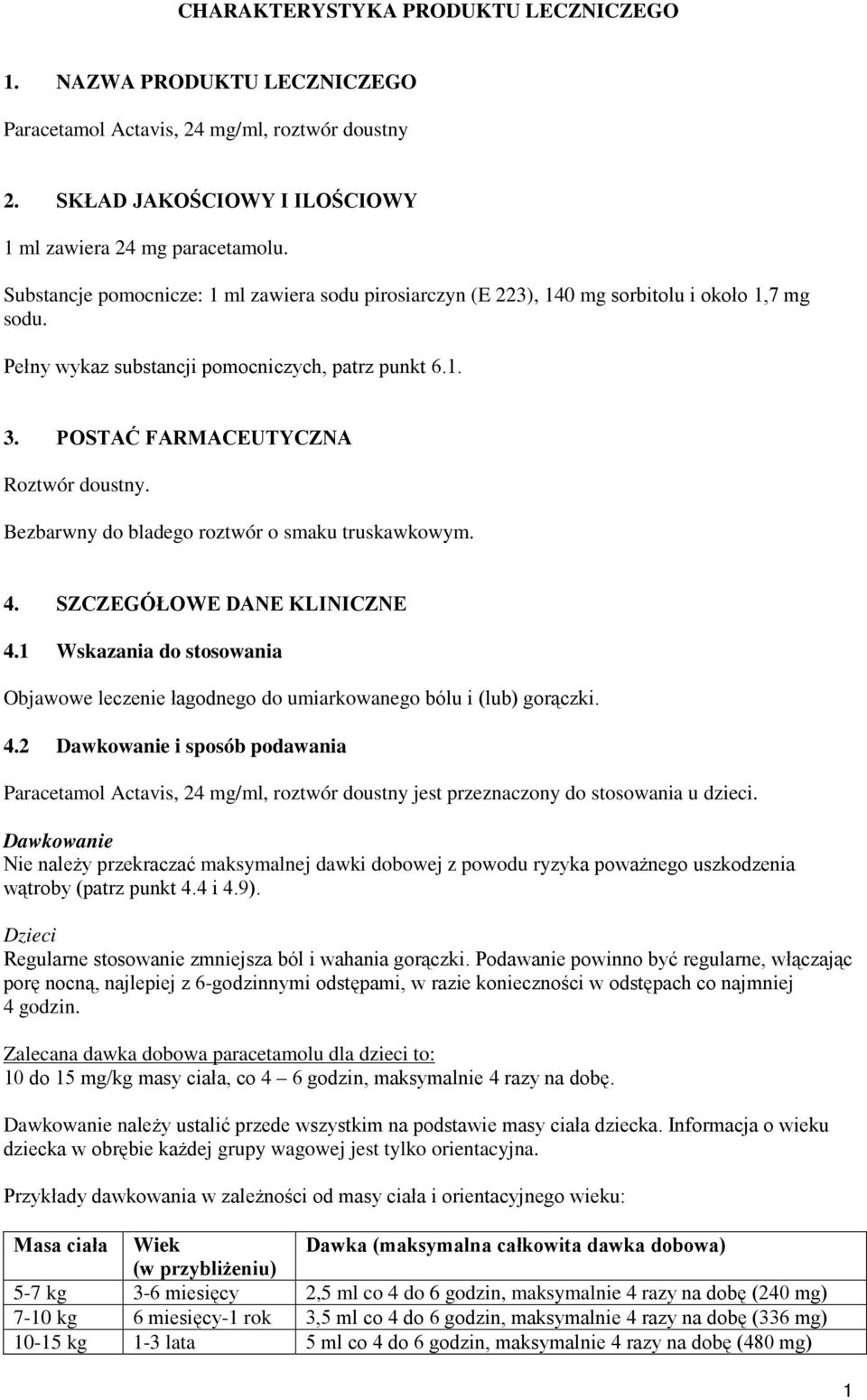 Bezbarwny do bladego roztwór o smaku truskawkowym. 4. SZCZEGÓŁOWE DANE KLINICZNE 4.1 Wskazania do stosowania Objawowe leczenie łagodnego do umiarkowanego bólu i (lub) gorączki. 4.2 Dawkowanie i sposób podawania Paracetamol Actavis, 24 mg/ml, roztwór doustny jest przeznaczony do stosowania u dzieci.