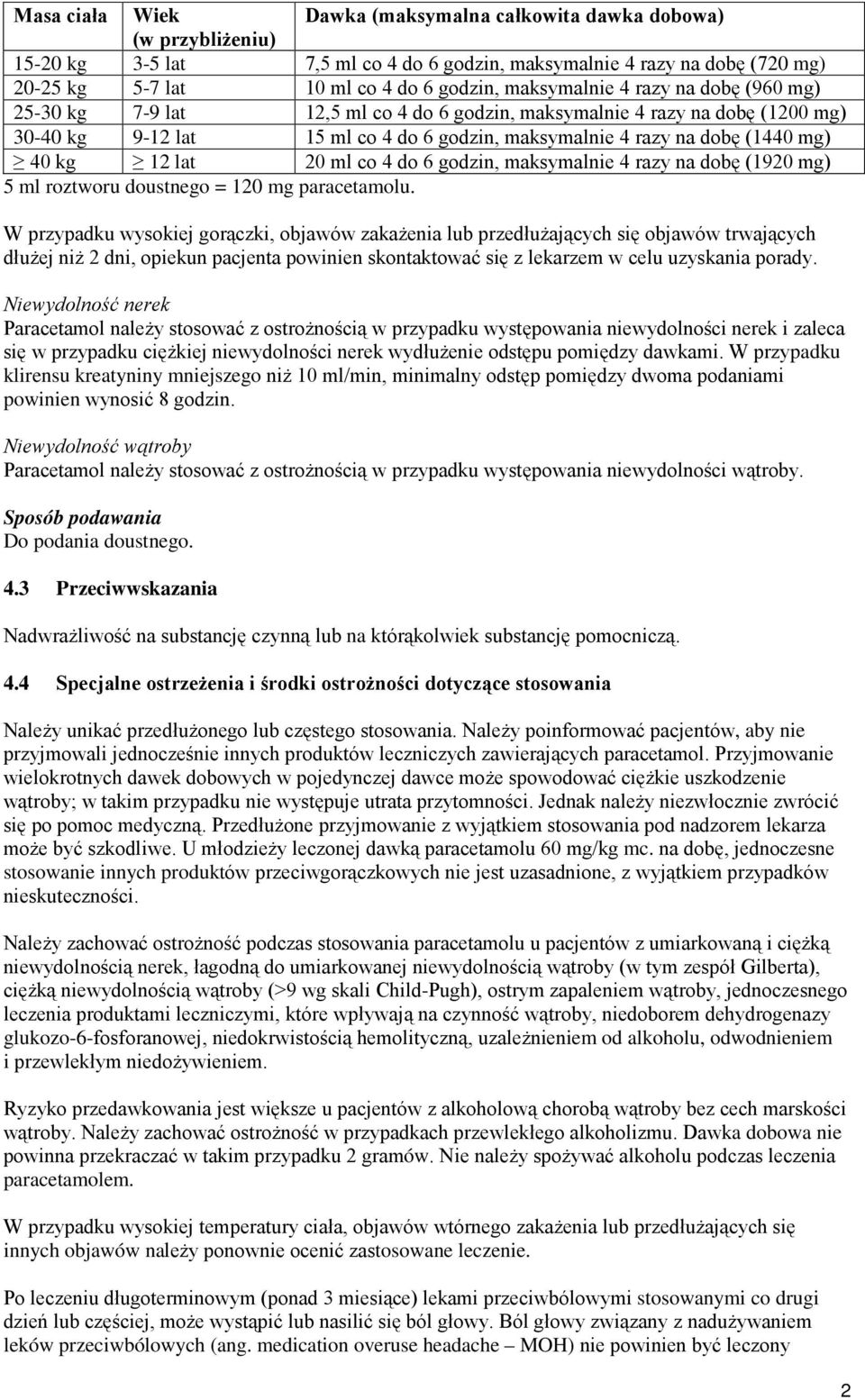 kg 12 lat 20 ml co 4 do 6 godzin, maksymalnie 4 razy na dobę (1920 mg) 5 ml roztworu doustnego = 120 mg paracetamolu.