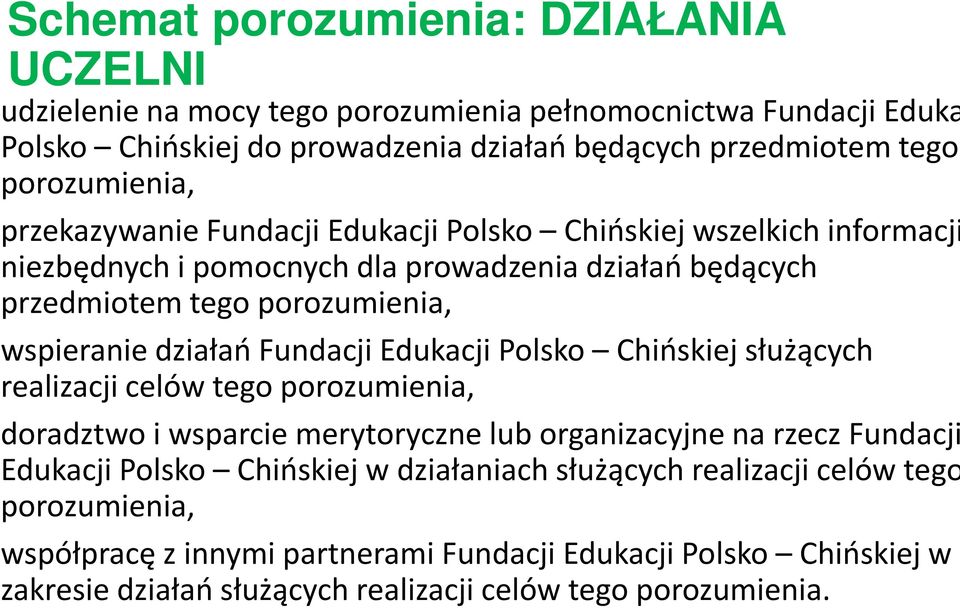 działań Fundacji Edukacji Polsko Chińskiej służących realizacji celów tego porozumienia, doradztwo i wsparcie merytoryczne lub organizacyjne na rzecz Fundacji Edukacji Polsko