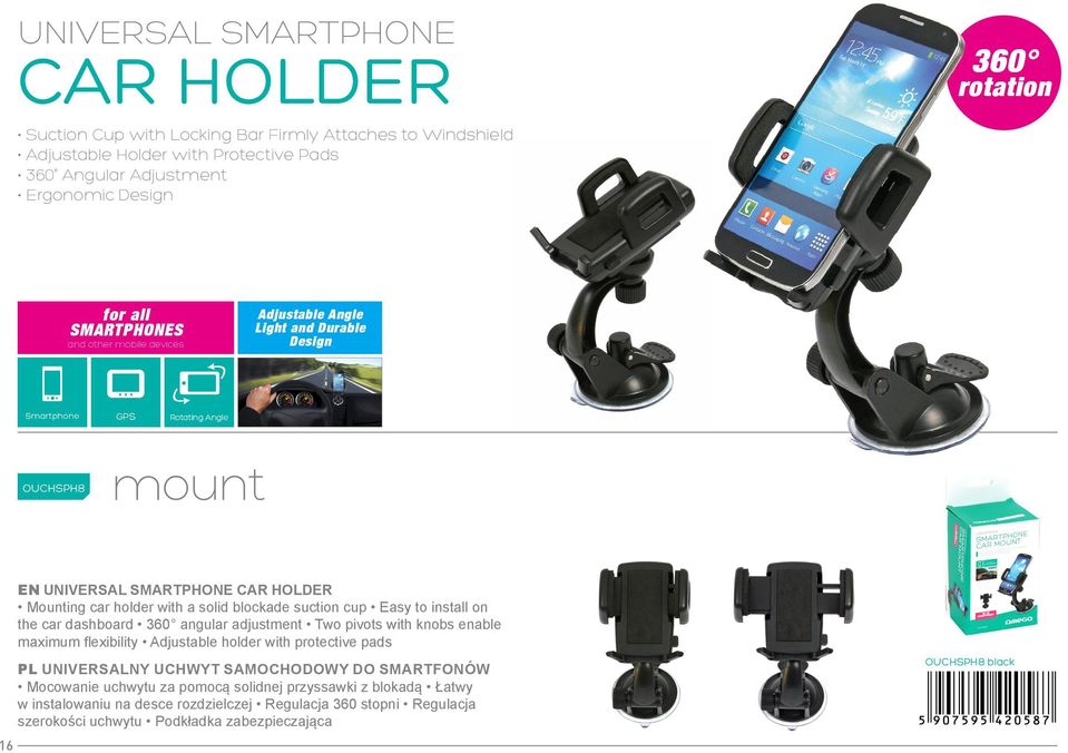 car dashboard angular adjustment Two pivots with knobs enable maximum flexibility Adjustable holder with protective pads PL universalny uchwyt samochodowy do smartfonów Mocowanie