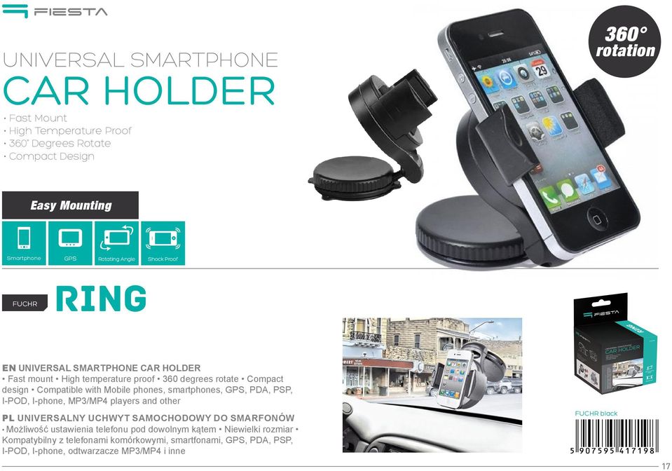PDA, PSP, I-POD, I-phone, MP3/MP4 players and other PL universalny uchwyt samochodowy do smarfonów Możliwość ustawienia telefonu pod