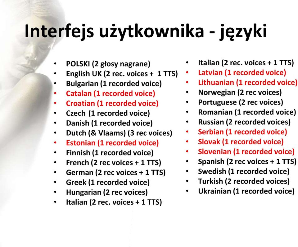 recorded voice) Finnish (1 recorded voice) French (2 rec voices + 1 TTS) German (2 rec voices + 1 TTS) Greek (1 recorded voice) Hungarian (2 rec voices) Italian (2 rec. voices + 1 TTS) Italian (2 rec.