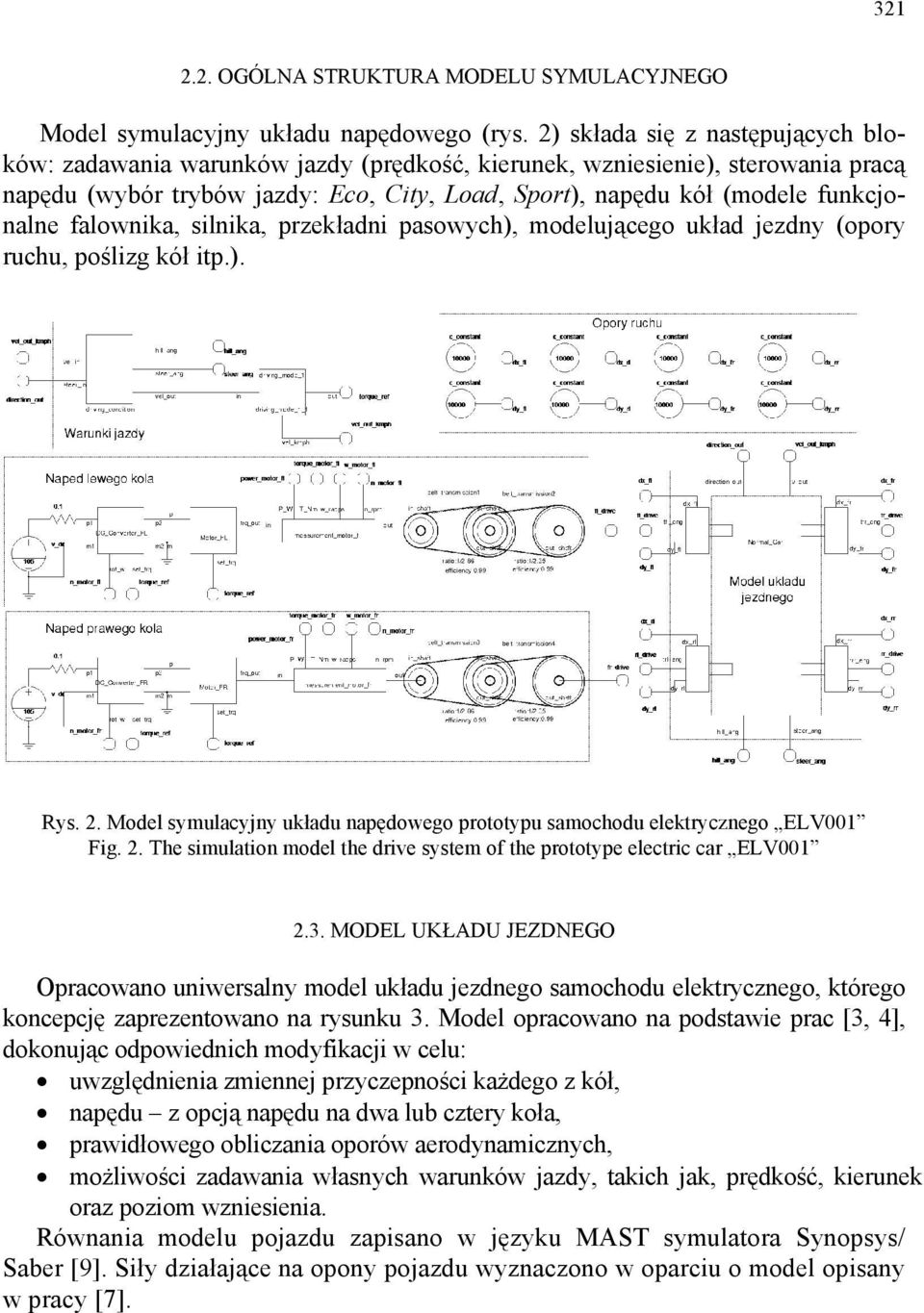 falownika, silnika, przekładni pasowych), modelującego układ jezdny (opory ruchu, poślizg kół itp.). Rys. 2. Model symulacyjny układu napędowego prototypu samochodu elektrycznego ELV001 Fig. 2. The simulation model the drive system of the prototype electric car ELV001 2.