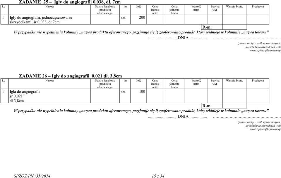 0,038, dł 7cm szt 200 ZADANIE 26 Igły do angiografii 0,021 dł.