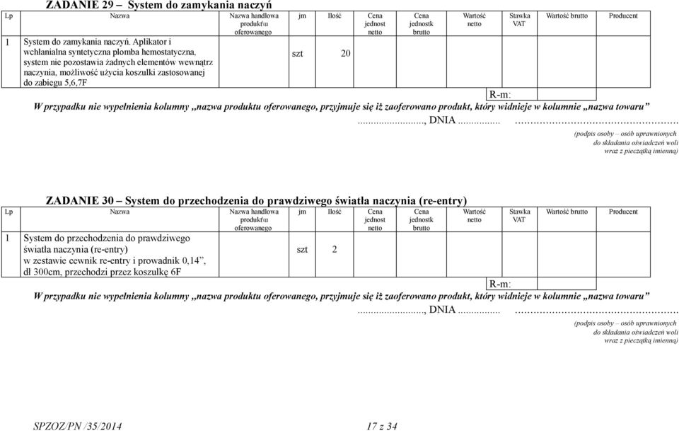 użycia koszulki zastosowanej do zabiegu 5,6,7F szt 20 ZADANIE 30 System do przechodzenia do prawdziwego światła naczynia