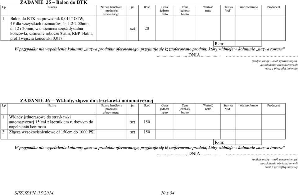 0,017 szt 20 ZADANIE 36 Wkłady, złącza do strzykawki automatycznej 1 Wkłady jednorazowe do strzykawki automatycznej