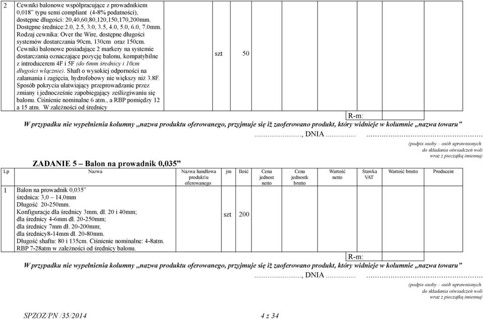 Cewniki balonowe posiadające 2 markery na systemie dostarczania oznaczające pozycję balonu, kompatybilne z introducerem 4F i 5F (do 6mm średnicy i 10cm długości włącznie).