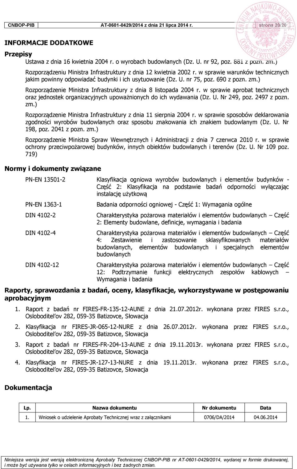 ) Rozporządzenie Ministra Infrastruktury z dnia 8 listopada 2004 r. w sprawie aprobat technicznych oraz jednostek organizacyjnych upoważnionych do ich wydawania (Dz. U. Nr 249, poz. 2497 z pozn. zm.