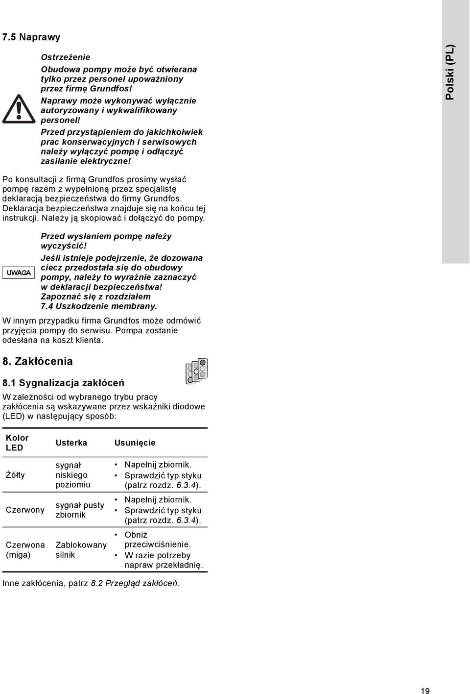 Polski (PL) Po konsultacji z firmą Grundfos prosimy wysłać pompę razem z wypełnioną przez specjalistę deklaracją bezpieczeństwa do firmy Grundfos.