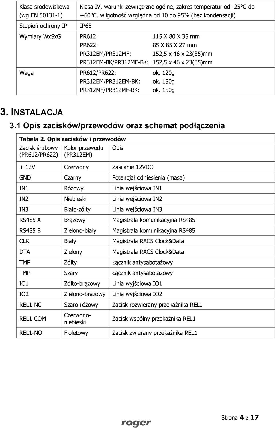 150g PR312MF/PR312MF-BK: ok. 150g 3. INSTALACJA 3.1 Opis zacisków/przewodów oraz schemat podłączenia Tabela 2.