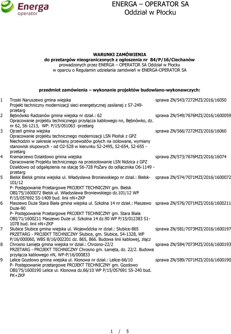 Radzanów gmina wiejska nr dział.: 62 sprawa ZN/549/7676MZI/2016/1600059 Opracowanie projektu technicznego przyłącza kablowego nn, Bębnówko, dz.