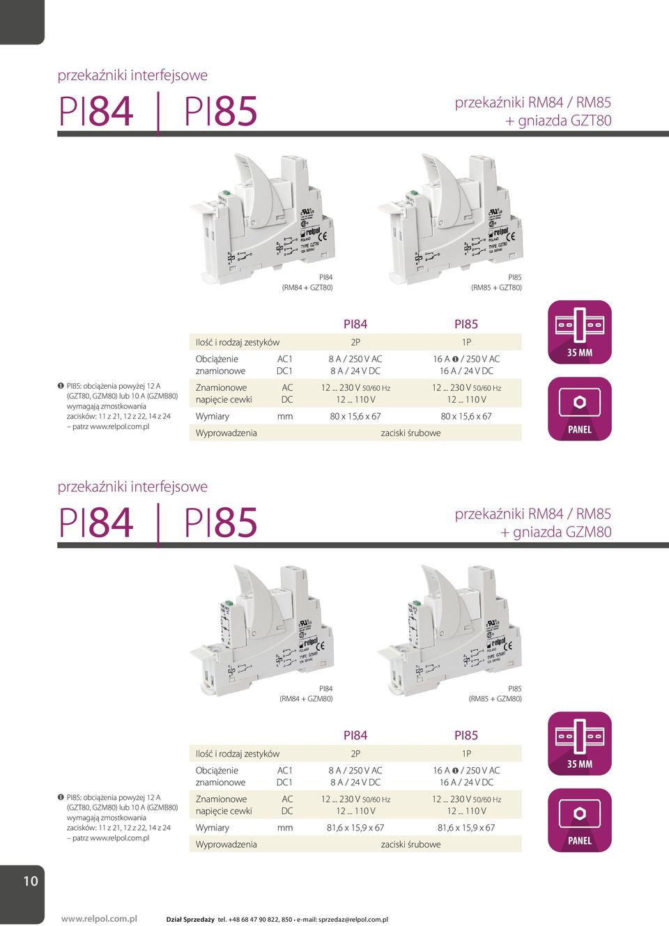 śrubowe przekaźniki interfejsowe PI84 PI85 przekaźniki RM84 / RM85 + gniazda GZM80 PI84 (RM84 + GZM80) PI85 (RM85 + GZM80) ❶ PI85: obciążenia powyżej 12 A (GZT80, GZM80) lub 10 A (GZMB80) wymagają