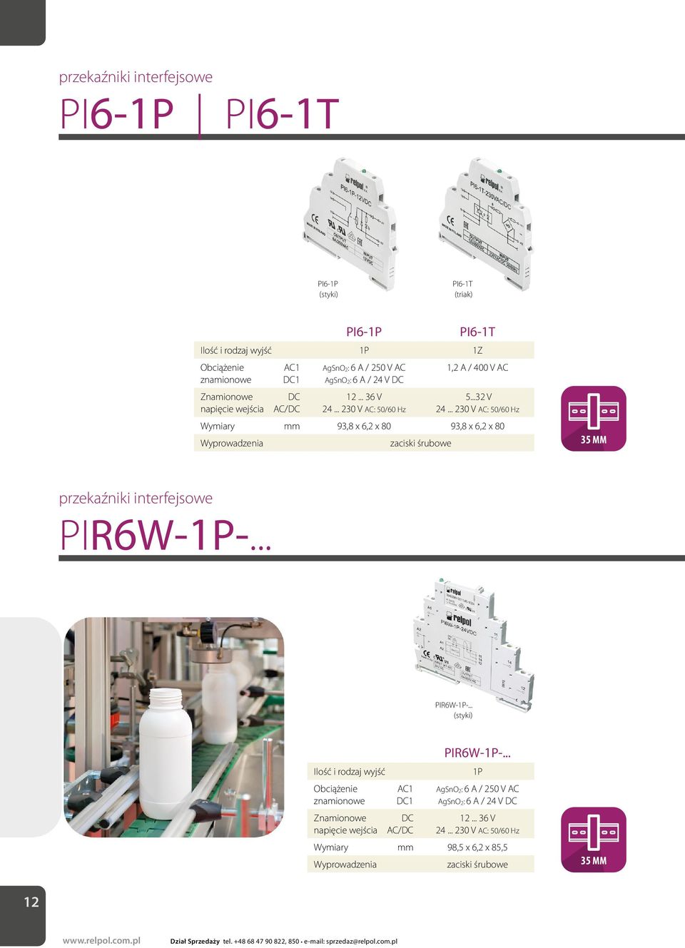 .. 230 V : 50/60 Hz Wymiary mm 93,8 x 6,2 x 80 93,8 x 6,2 x 80 zaciski śrubowe przekaźniki interfejsowe PIR6W-1P-.