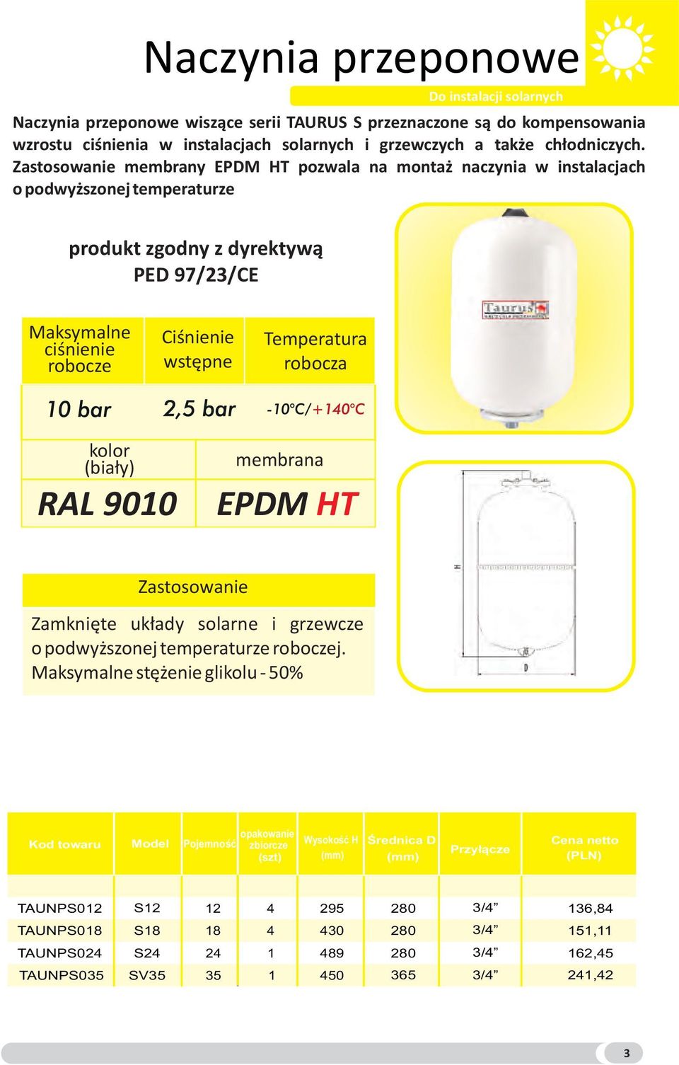 robocza kolor (biały) RAL 9010 membrana EPDM HT Zastosowanie Zamknięte układy solarne i grzewcze o podwyższonej temperaturze roboczej.