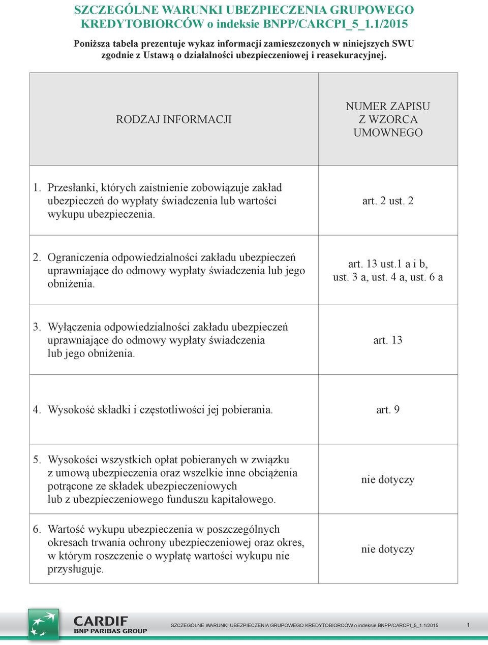 RODZAJ INFORMACJI NUMER ZAPISU Z WZORCA UMOWNEGO 1. Przesłanki, których zaistnienie zobowiązuje zakład ubezpieczeń do wypłaty świadczenia lub wartości wykupu ubezpieczenia. art. 2 ust. 2 2.