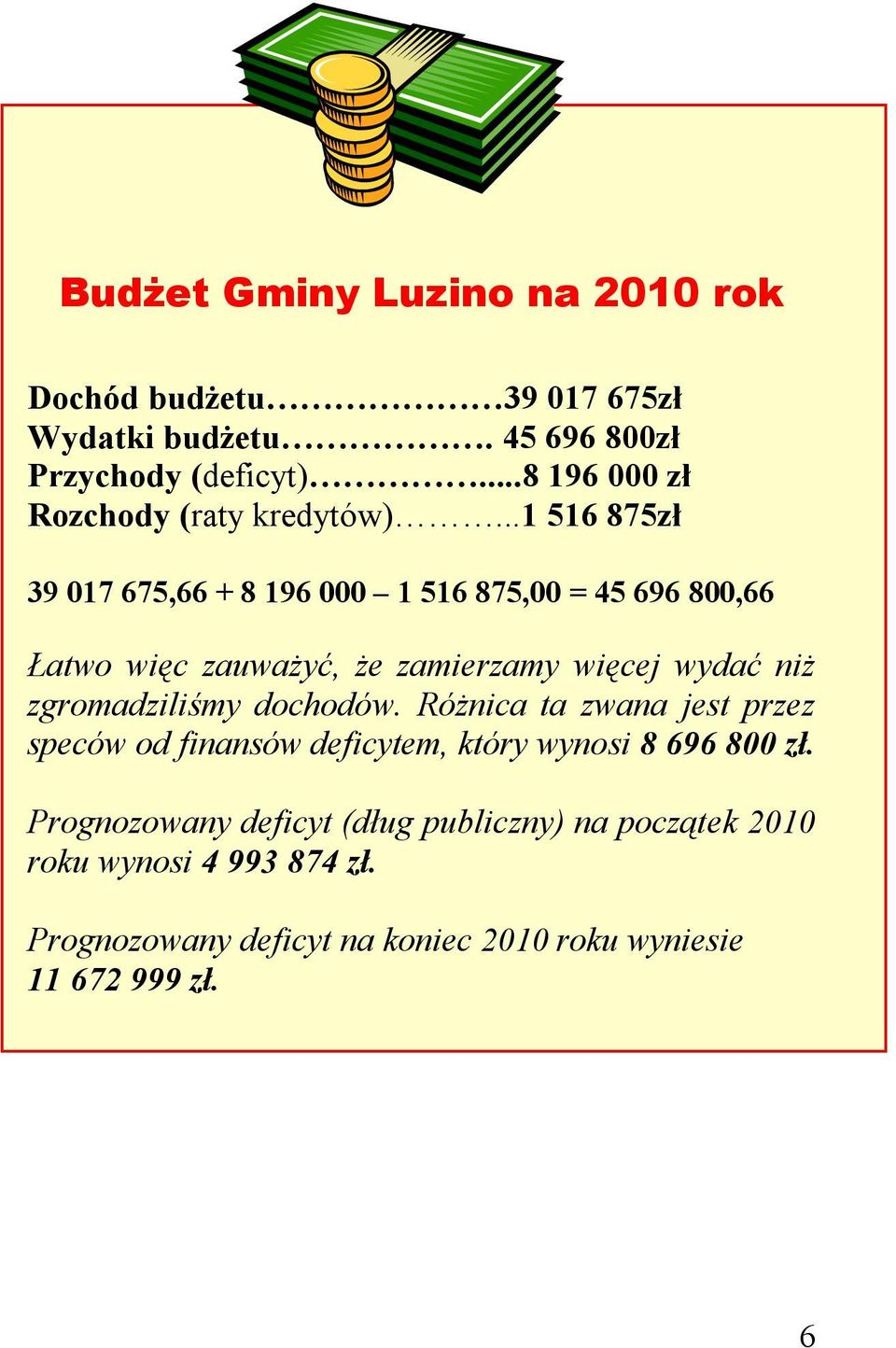 ..1 516 875zł 39 017 675,66 + 8 196 000 1 516 875,00 = 45 696 800,66 Łatwo więc zauważyć, że zamierzamy więcej wydać niż