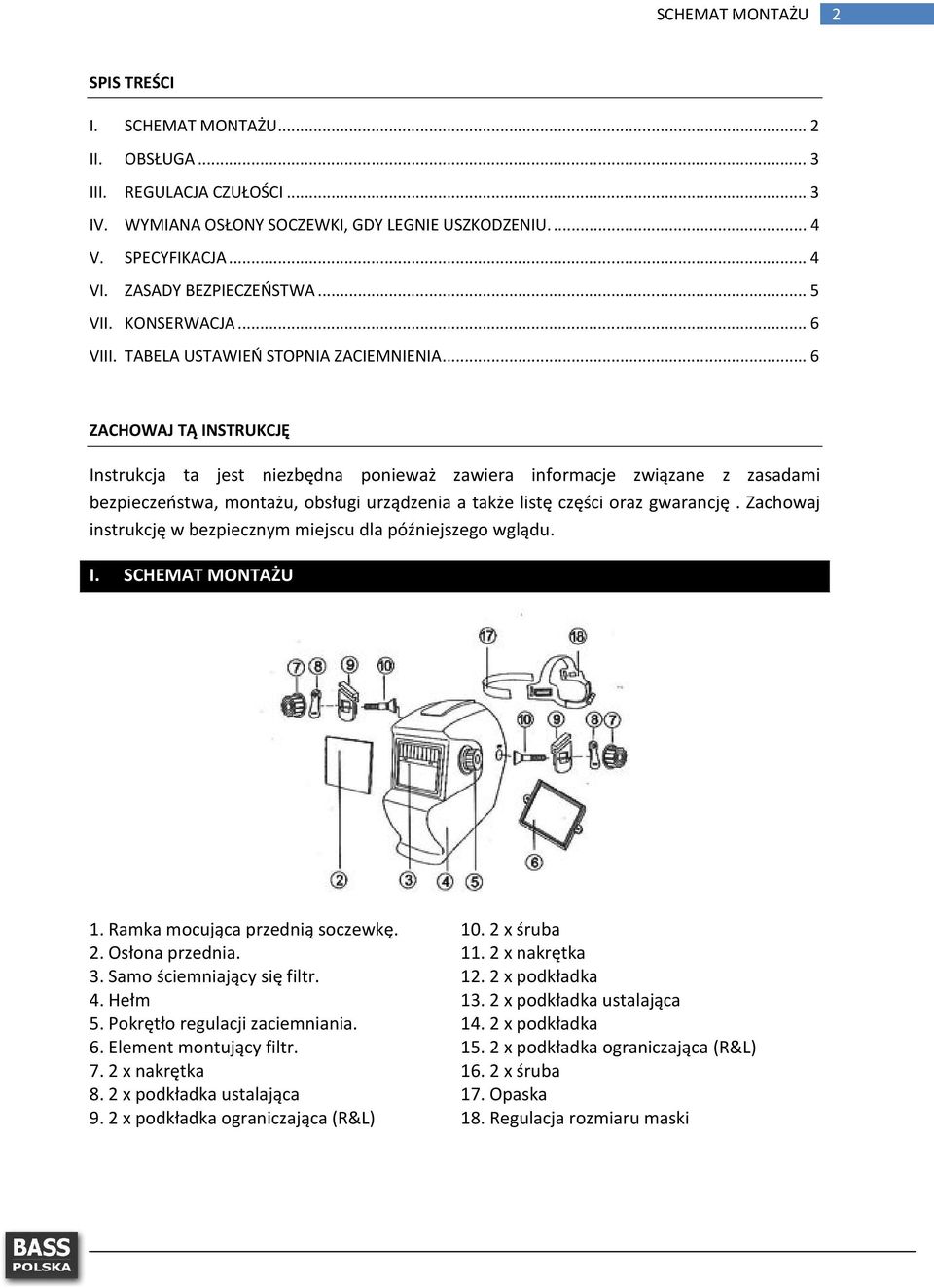 .. 6 ZACHOWAJ TĄ INSTRUKCJĘ Instrukcja ta jest niezbędna ponieważ zawiera informacje związane z zasadami bezpieczeństwa, montażu, obsługi urządzenia a także listę części oraz gwarancję.