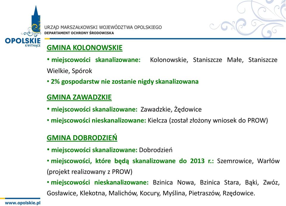 PROW) GMINA DOBRODZIEŃ miejscowości skanalizowane: Dobrodzień miejscowości, które będą skanalizowane do 2013 r.