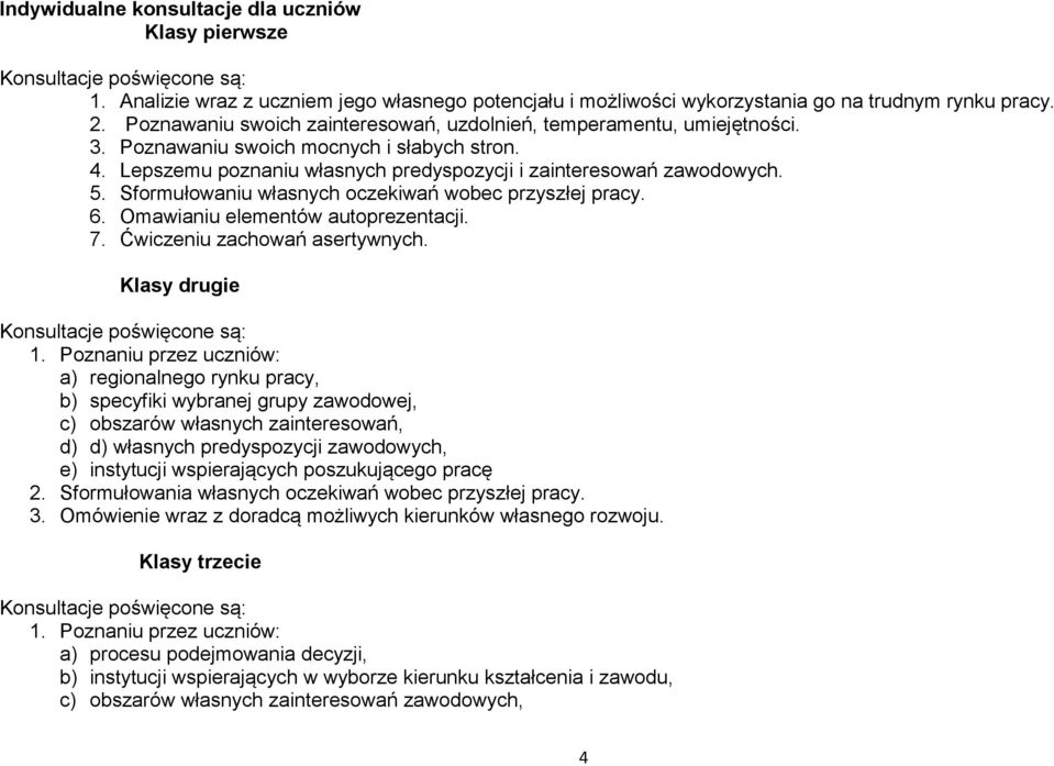 Sformułowaniu własnych oczekiwań wobec przyszłej pracy. 6. Omawianiu elementów autoprezentacji. 7. Ćwiczeniu zachowań asertywnych. Klasy drugie Konsultacje poświęcone są: 1.