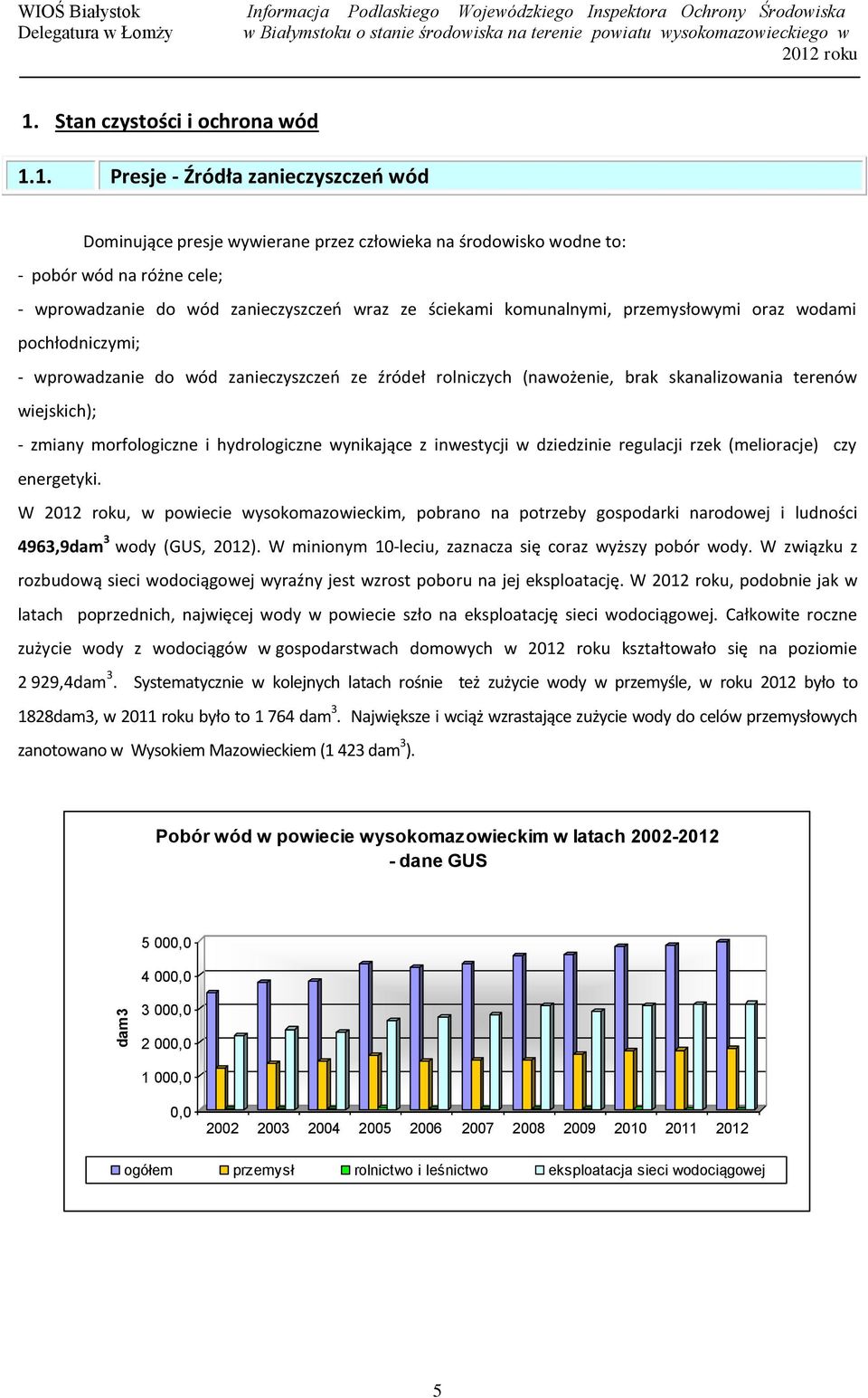 1. Presje - Źródła zanieczyszczeń wód Dominujące presje wywierane przez człowieka na środowisko wodne to: - pobór wód na różne cele; - wprowadzanie do wód zanieczyszczeń wraz ze ściekami komunalnymi,